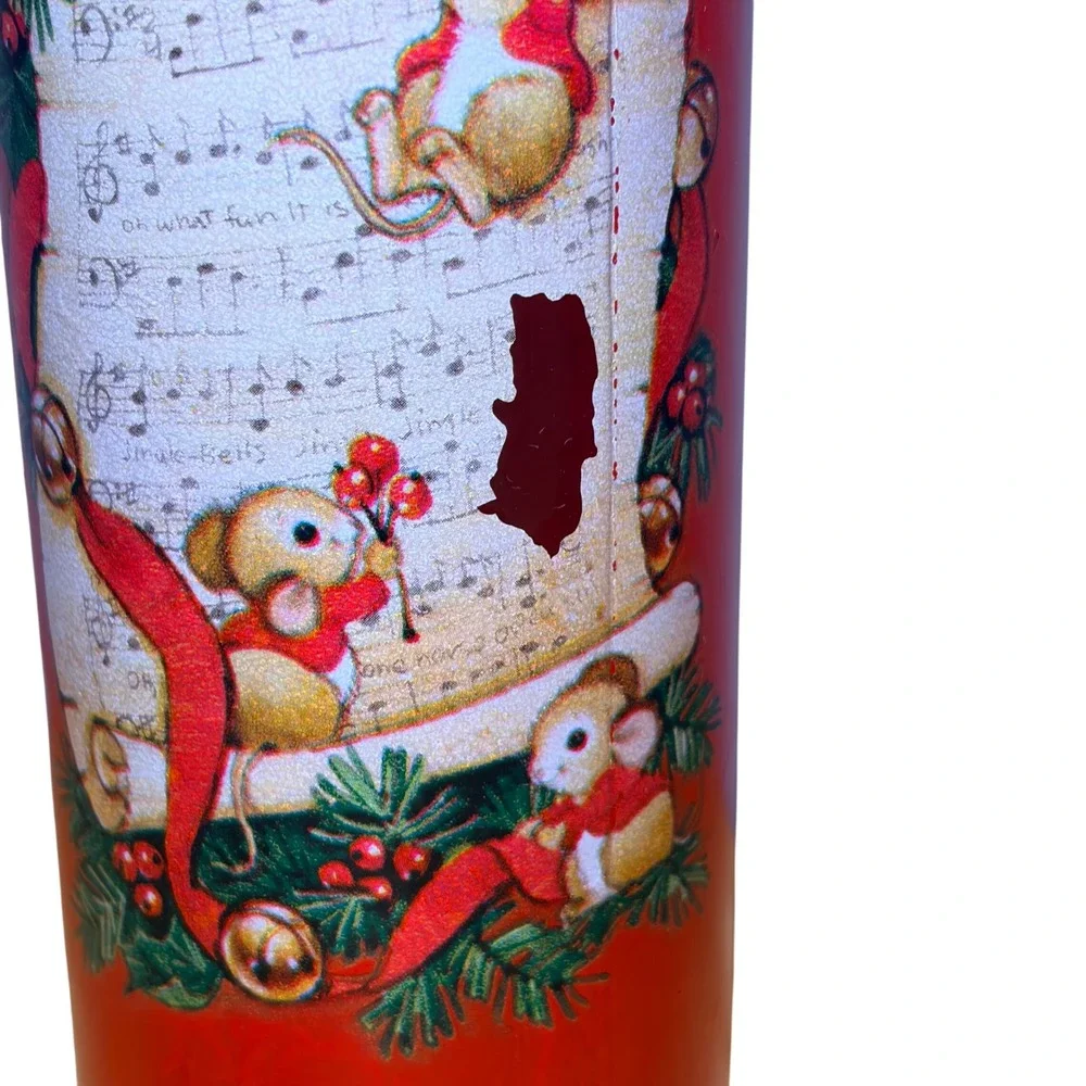 Vintage Christmas Jingle Bells Mouse Red Glass Cylinder Vase Mid Century Retro